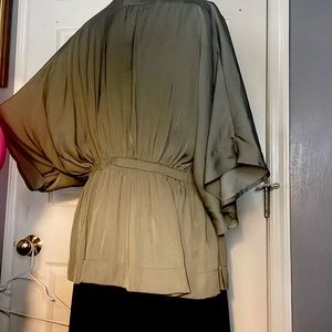 Silk look & feel snap v neck elastic waist army green blouse